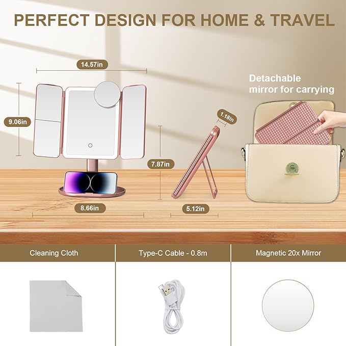 Mocado Makeup Mirror with Lights, 20X/7X/3X Magnifying Mirror with Light, Rechargeable & Height Adjustable Lighted Makeup Mirror, Vanity Mirror with 3 Colors Lights, Detachable Design(Rose Gold)