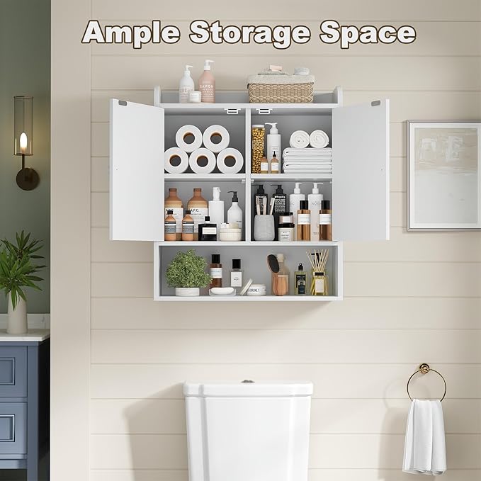 EasyCom 22" W x 26" H Bathroom Wall Cabinet, Farmhouse Medicine Cabinet with Adjustable Shelves and 2 Barn Doors, Over The Toilet Storage Cabinet for Bathroom,Kitchen,Living Room,White