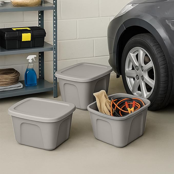 HOMZ 8-Pack Durable Molded Bin, Plastic Storage Containers with Lids, 10 Gallon, Silver - Stackable Organizer Totes and Boxes for Bedroom, Kitchen, and Garage Organization