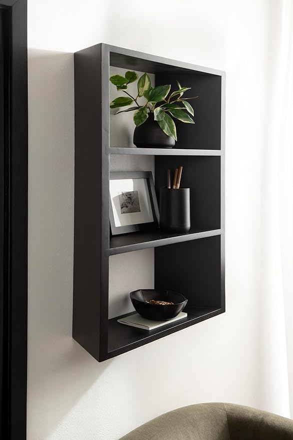 Kate and Laurel Akita Modern Angled Three-Tier Wall Shelf, 20 x 6 x 26, Black, Decorative Over The Toilet Shelf for Use as Bathroom Storage or Living Room Display Shelving