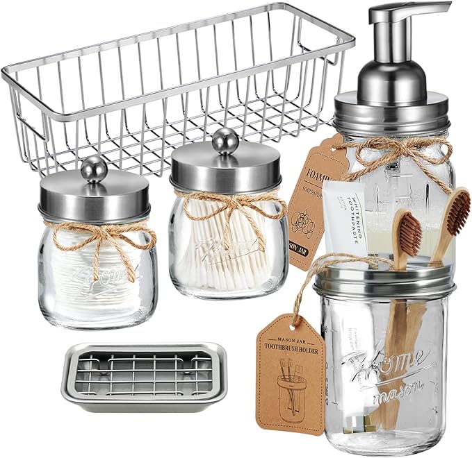 SheeChung 6Pack Mason Jar Bathroom Accessories Set - Foaming Soap Dispenser, Toothbrush Holder, 2Pack Qtip Holders, Bathroom Sink Set, Guest Towel Holder- Brushed Nickel