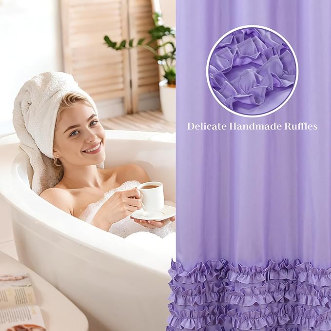 Purple Ruffle Shower Curtain, Girls Women Fabric Shower Curtain with Delicate Handcrafted Ruffles, Waterproof Ruched Farmhouse Decorative Bathroom Curtain, 72" W x 72" H