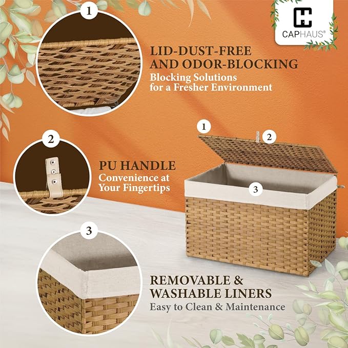 CAPHAUS Laundry Basket w/Lid, Synthetic Rattan Laundry Hamper w/Lid and Handles, 2 Removable Liner Bags, Foldable Clothes Hamper for Laundry, Large Storage Basket w/Lid, 160L, Brown