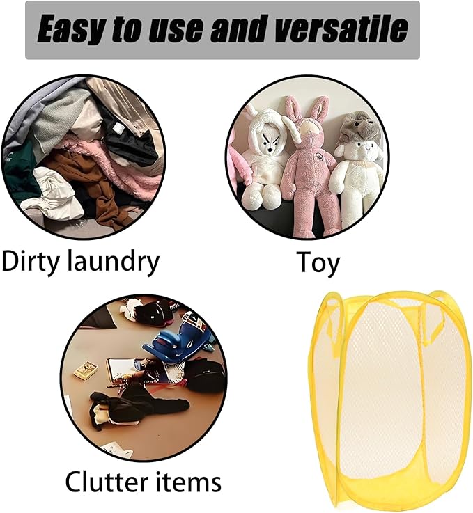 2Pcs Popup Mesh Laundry Baskets, Collapsible and Portable Laundry Hamper, Ideal for Travel and Home Use (Pink & Yellow)