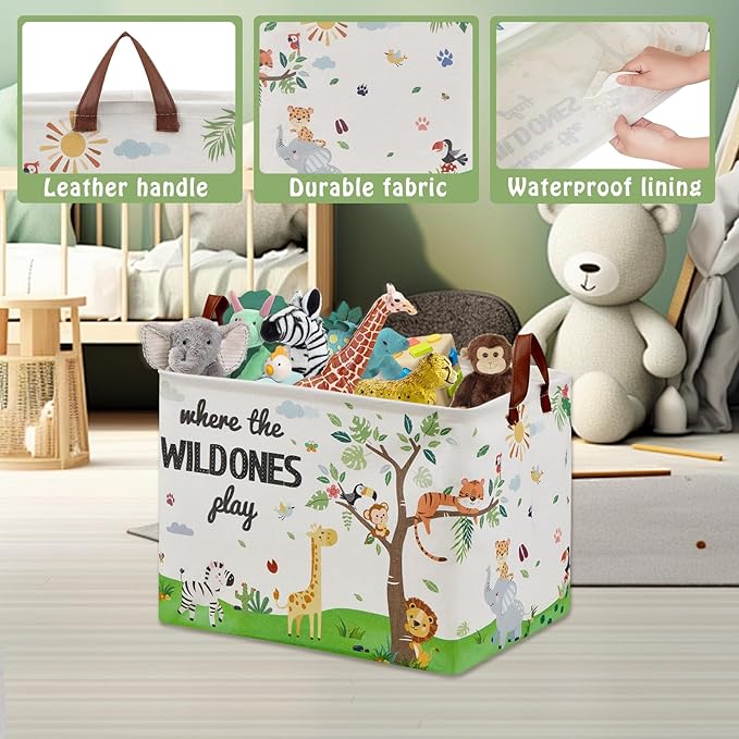 Jungle Safari Nursery Decor Basket -Elephant Giraffe Baby Boy Laundry Basket, Tropicals Laundry Hamper, Kids Toy Box Bin for Bedroom Bathroom Livingroom