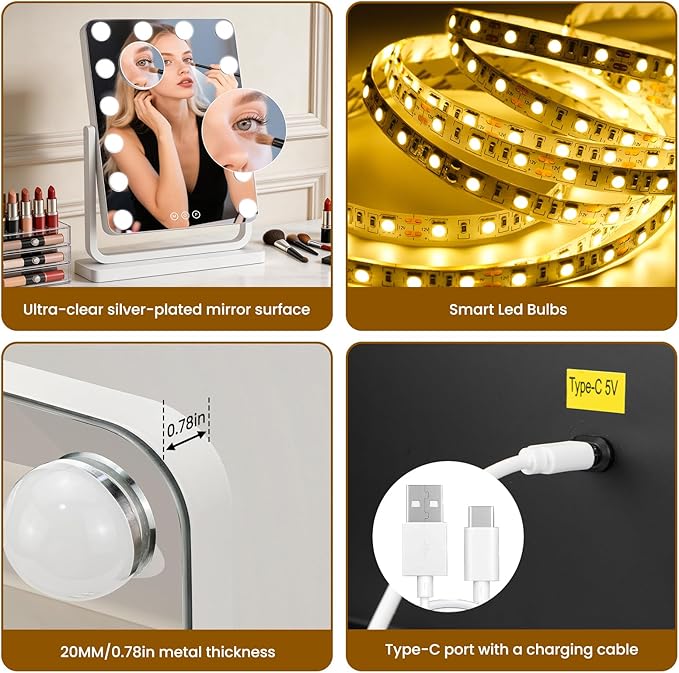 Vanity Mirror with Lights, 18"×15" Hollywood Makeup Mirror with 14 Dimmable Bulbs, 3-Color Lighting, Dimmable, 360° Rotation, 10x Magnification, Desk Mirror, Bedroom (White)