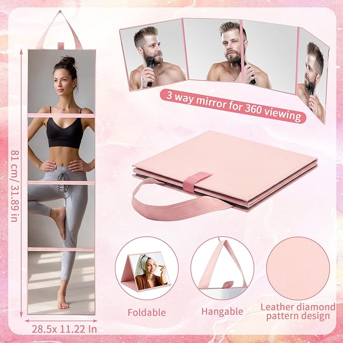 3 Way Foldable Full Length Mirror with Handle 31.89 x 11.22 Inches Leather Portable Camping Travel Hanging Folding Body Mirror for Makeup Dance Fitness Spa Hair Styling(Pink,Classic)