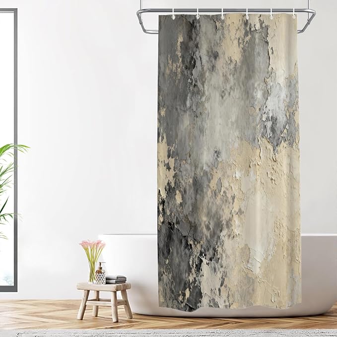 Shrahala Taupe Squares Texture Decorative Shower Curtain, Grey and Beige Art Painting Bathroom Décor Polyester Fiber Waterproof with Plastic Rings for Shower Stall Bathtubs 72 X 36 in