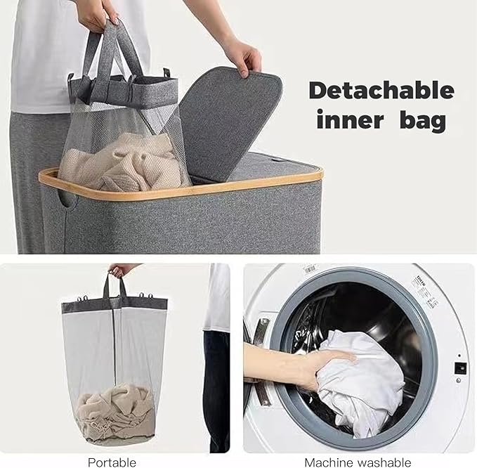 150L Laundry Basket with Lid, Large 2 Compartments Laundry Hamper with Handles & laundry bag Removable in Laundry Room, College Dorm, Bathroom, Bedroom (grey)