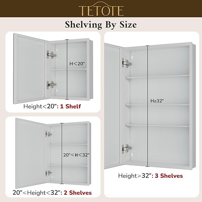 TETOTE 16 x 24 Medicine Cabinet with Tempered Beveled Mirror White Bathroom Mirror with Storage Aluminum Cabinet DTC Hinges, Stepless Adjustable Shelves, Recessed/Surface-Mounted