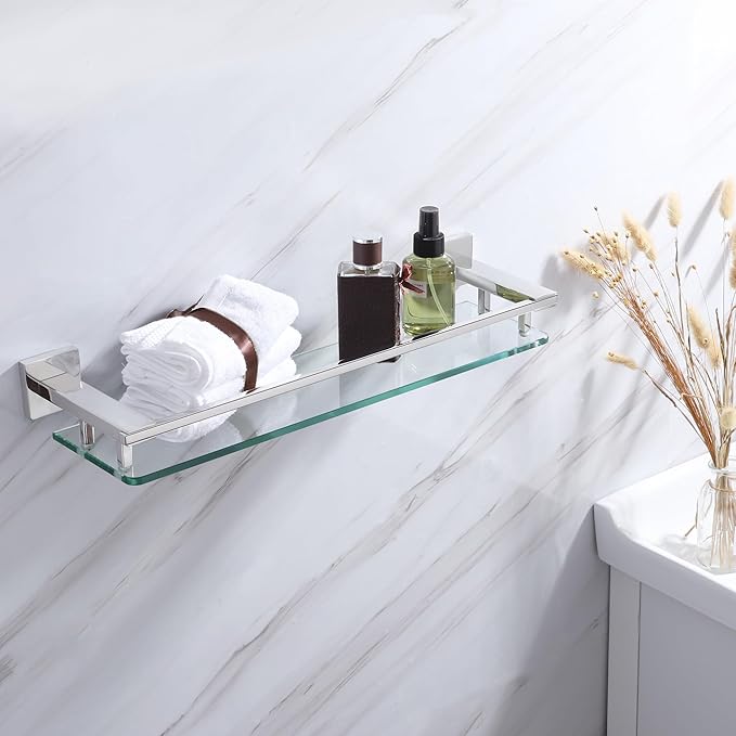 LANC Chrome Bathroom Shelf Glass Shelves 20-Inch Floating Tempered Glass Shelf Rectangular Stainless Steel Wall Mounted Silver Polished Shelves for Bathroom Kitchen Organizers Accessories, A7613CP