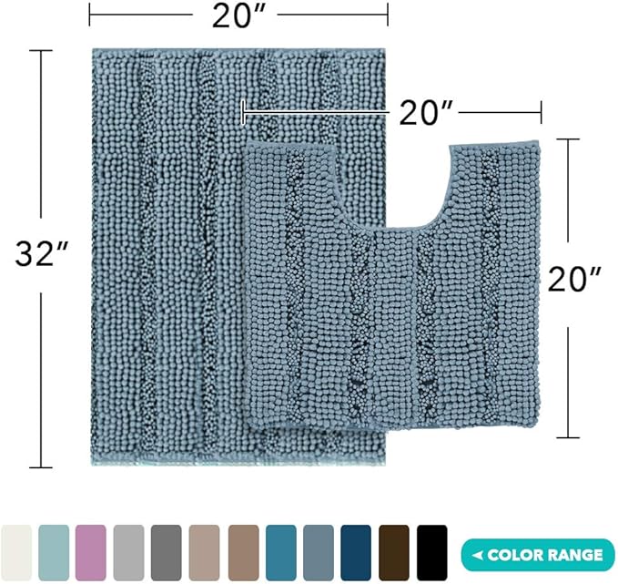 Turquoize Chenille Bathroom Rugs Set Non-Slip Bath Mats for Bathroom Super Absorbent Shaggy Shower Mat for Tub Kitchen Plush Bath Rug Plus U Toilet Mat(Standard: 20" x 32" and 20" x 20" U), Stone Blue