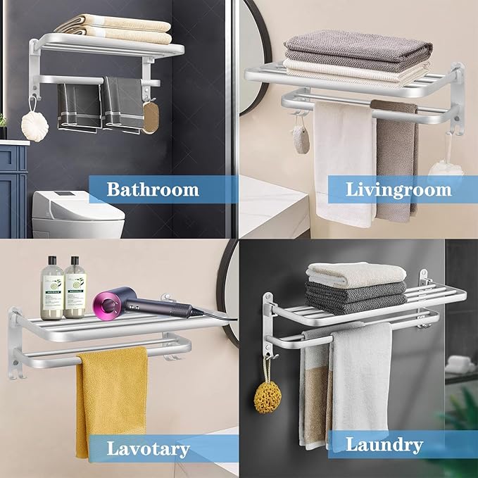 Towel Rack for Bathroom, Bath Towel Holder with Double Towel Bar and Fold-able Towel Shelf, Rustproof Towel Organizer Wall Mounted Towel Storage Hanger for Bath/Balcony/Lavatory(24In Sliver)