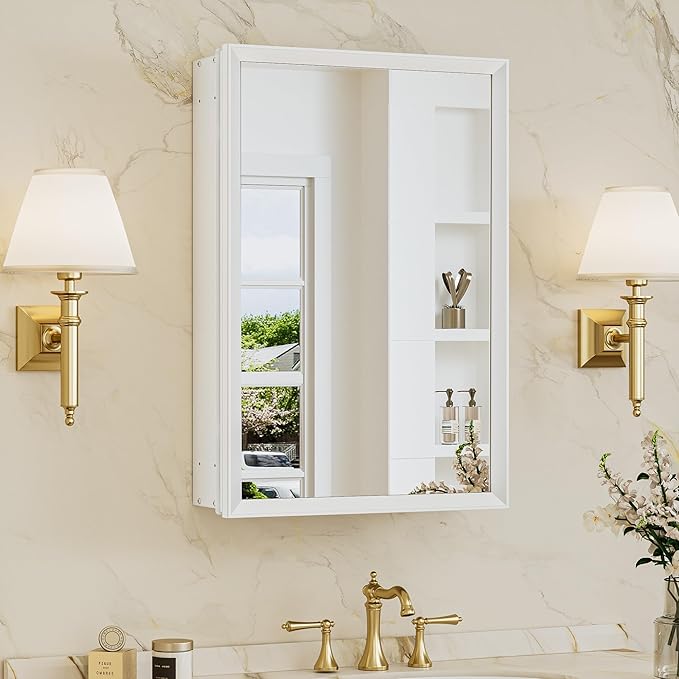 TokeShimi 16 x 24 White Medicine Cabinet for Bathroom, Assembly Required, Recessed Medicine Cabinet with Mirror, Stepless Adjustable Shelves, HD Tempered Mirror, DTC Hinge