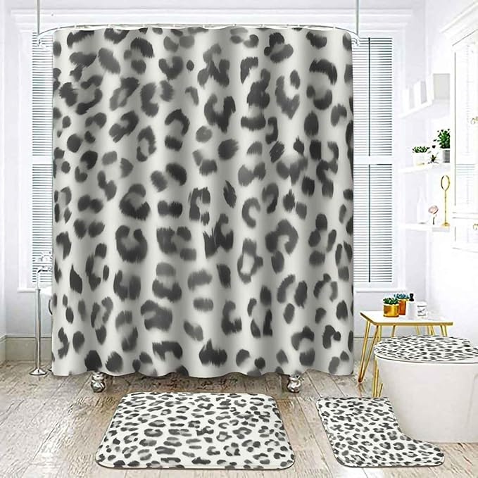 TOMWISH 4 Pcs Leopard Print Shower Curtain Set,Cheetah Print Bathroom Sets Complete Shower Curtain Toilet Lid Cover and Bath Mat Bathroom Decor Sets,juego de baños de Set Bath Accessories with Hooks
