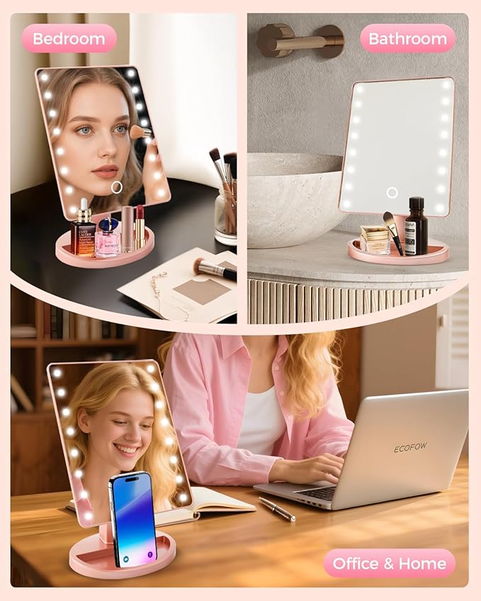 Lighted Makeup Mirror with Lights, Vanity Mirror with Lights, 16 LEDS Dimmable Desk Mirror with Light, Dual Power Supply, Gifts for Teenage Girls, Dorm Room Essentials for College Student (Rose Gold)