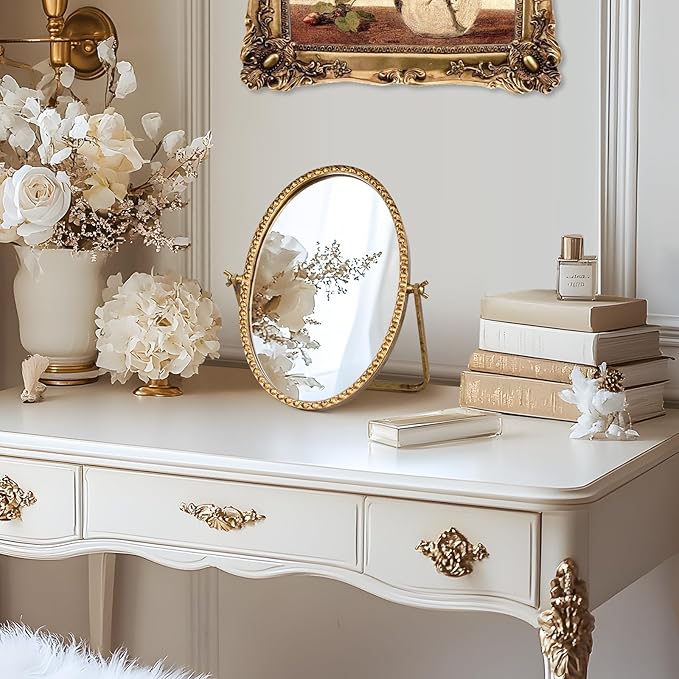 Vintage Desk Makeup Mirror, 12" L x 7.9" W Antique Gold Vanity Table Mirrors, Metal Framed Oval Small Standing Mirrors with Beaded, 360 Adjustable Rotation for Tabletop, Bedroom