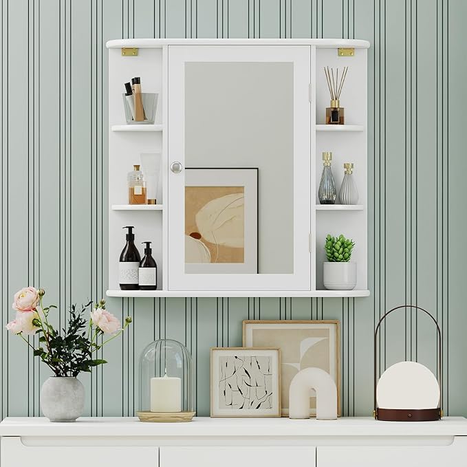 Giantex Bathroom Medicine Cabinet, Wall Mounted Bathroom Mirror Cabinet with Mirrored Door & 4 Interior Shelves, 6 Open Shelves, Mounting Hardware, Space-Saving Storage Cabinet, White