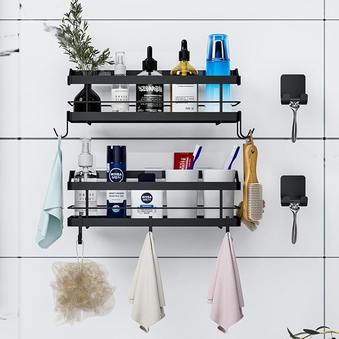 Carwiner Shower Caddy Bathroom Shelf 2-Pack, Basket with 8 Hooks for Hanging Shampoo Conditioner, Stainless Steel Rack Wall Mounted Storage Organizer for Kitchen, No Drilling