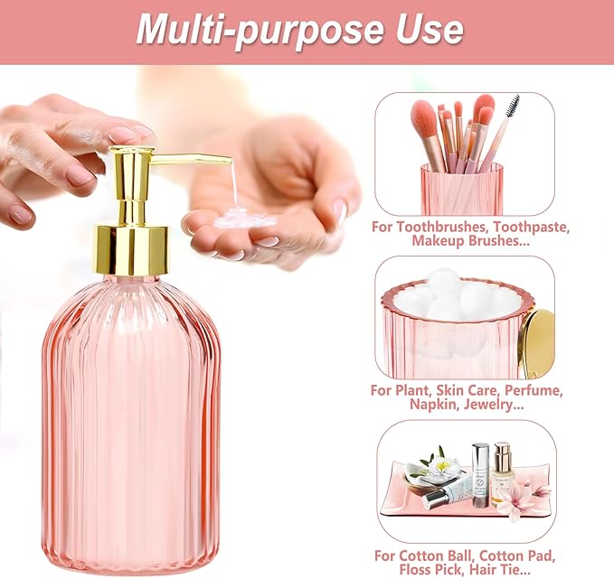Jenseits Pink Bathroom Accessories Set, 4 Pcs Glass Bathroom Accessory Sets, Soap Dispenser, Toothbrush Holder, Qtip Holder, Vanity Tray, Housewarming Dorm Apartment Decor Home Essentials Gift For Her