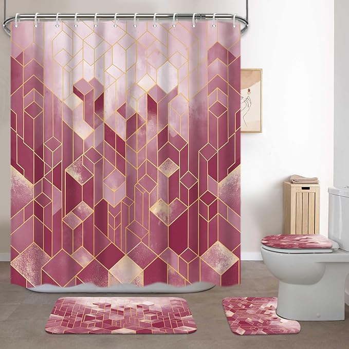 Lnond 4Pcs Bathroom Sets with Shower Curtain and Rugs, Red Bathroom Shower Curtain Sets, Red Gradient Modern Bathroom Decor Sets with Rugs and Accessories