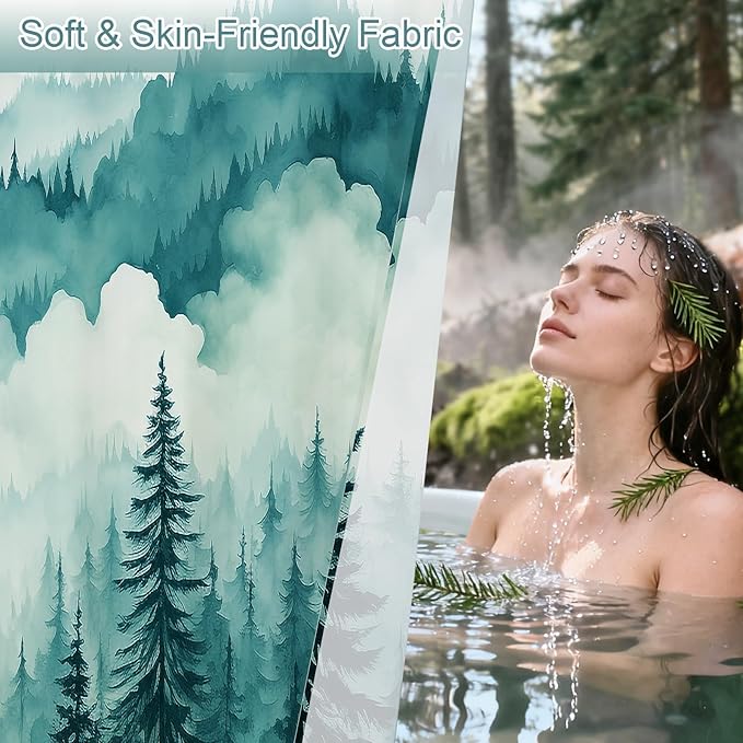 Teal Blue Small Stall Misty Pine Forest Shower Curtain 36 x 72, Mountain Foggy Woodland Scenery Tree Narrow Half Size Shower Curtains for Bathroom, Turquoise Waterproof Nature-Themed Decor