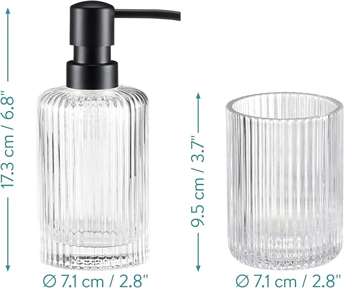 Navaris Glass Bathroom Accessories Set (4 Pieces) - Includes Soap Dispenser, Toothbrush Tumbler, Soap Dish, Cotton Pad Holder - Clear Glass with Black Metal