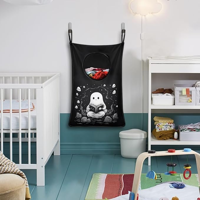 ZOUTAIRONG Ghost Hanging Laundry Hamper Halloween Laundry Bag Zipper Toys Storage Organizers for Bedroom, Closet, Home, Dorm Over The Door Laundry Hamper Cute Black Skull