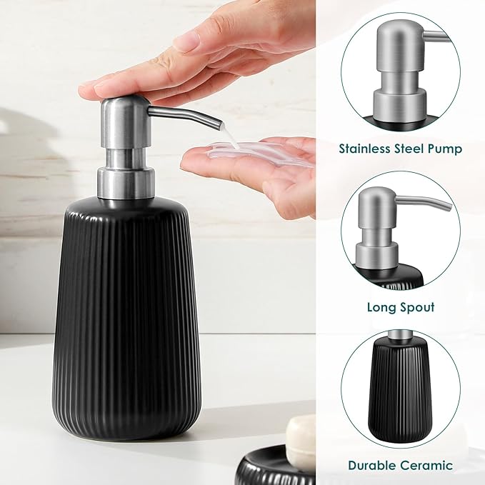 vancasso Ceramic Bathroom Accessories Set 4 Piece, Soap Dispenser with Stainless Steel Pump, Toothbrush Holder, Tumbler and Soap Dish, Modern Relief Design, Bathroom Decor Organizer, Black