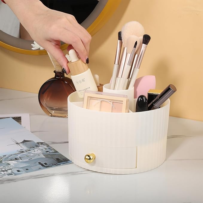 Makeup Brush Organizer Holder with 5 Slots and Drawer, Large Capacity Vanity Desktop Storage Stand for Cosmetics, Skincare Products - Nordic Style Bathroom Countertop Organizer
