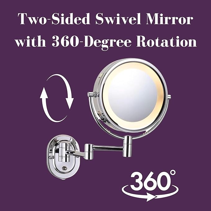 JERDON Wall-Mounted Makeup Mirror with 5X Magnification - Chrome Makeup Mirror with LED Lights - Plug in - HL65C