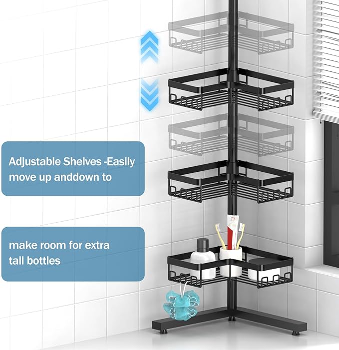 KEGII Standing Shower Caddy Corner, 3 Tier Adjustable Shelves Rustproof Floor Shower Organizer with 18 Hooks and Adjustable Feet, Bathroom Corner Shelf Rack, Black