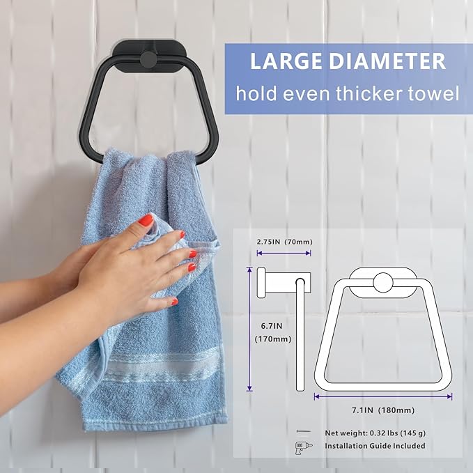 Self-Adhesive Towel Ring, Bathroom Hardware Accessories, 304 Stainless Steel Hand Towel Holder for Bathroom and Kitchen, Ladder Towel Hook, No Drill Installation Wall Mount (Black)