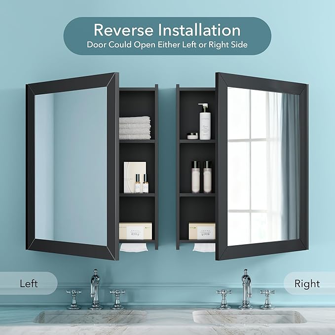 VANIRROR Bathroom Cabinet - Large Single Door 24x30 inchs Wall Cabinet Mirror Medicine Cabinet with Facial Tissues Slot and Multifunctional Storage Area