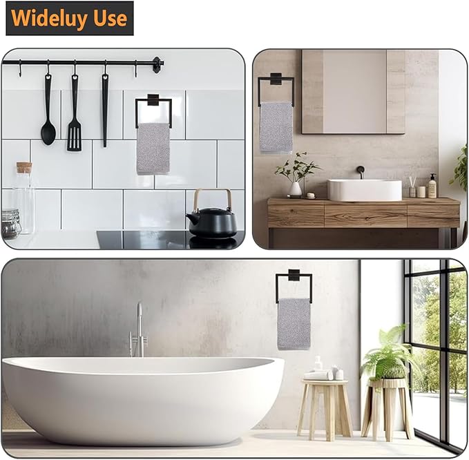 2-Piece Towel Ring - Thicken SUS 304 Stainless Steel Towel Holder, Towel Racks for Bathroom, Square Modern Design Hand Towel Holder, Contemporary Hand Towel Bar - Matte Black