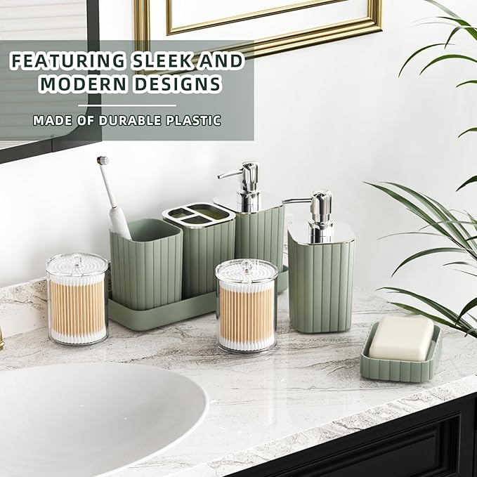 XLHOMO Bathroom Accessories Set - Gorgeous Sage Green Bathroom Set, 10PC Bathroom Accessory Set, Toilet Brush, Trash Can, Qtip Holder Dispenser & Soap Dispenser