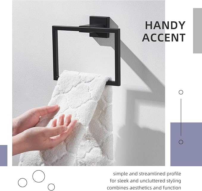 Angle Simple Towel Holder Matte Black, Stainless Steel Square Hand Towel Ring Rack Hanger for Bathroom Wall Mount, 7.09 Inches