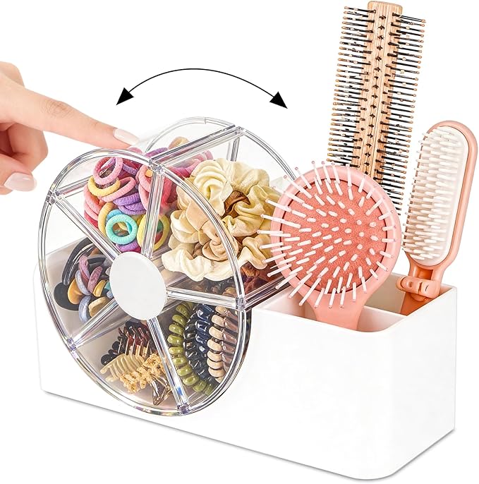 Hair Accessories Organizer with 5-Section Rotating Case | 2-Slot Comb & Hair Brush Holder | Cute Bathroom Vanity Caddy for Hair Tiles, Clips, Scrunchies, Other Accessories | Girls Vanity Décor (White)