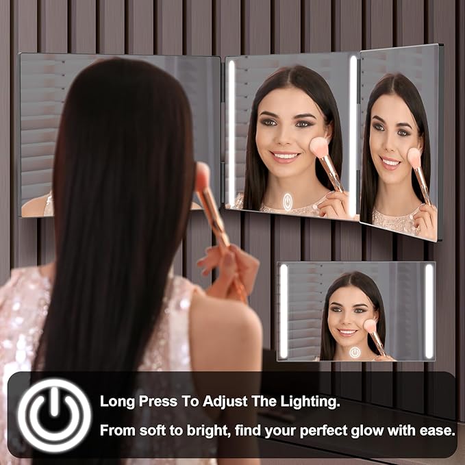 OLIBUY 3 Way Mirror with LED for Hair Cutting, Tri-fold Mirror for Shaver and Makeup, Adjustable Telescoping Hooks-with LED Version