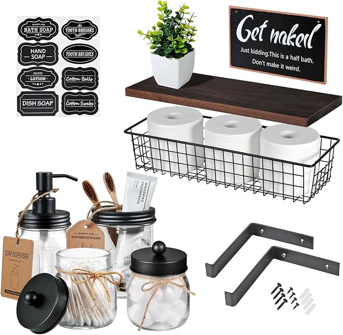 SheeChung Mason Jar Bathroom Accessories Set with Floating Shelves, Soap Dispenser, Toothbrush Holder, Qtip Holders, Paper Storage, Artificial Plant, Decor Sign, Farmhouse Bathroom Decor-Rustic Brown