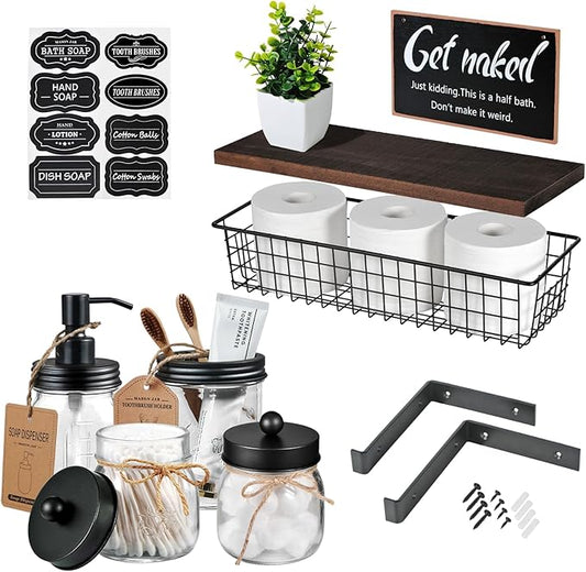 SheeChung Mason Jar Bathroom Accessories Set with Floating Shelves, Soap Dispenser, Toothbrush Holder, Qtip Holders, Paper Storage, Artificial Plant, Decor Sign, Farmhouse Bathroom Decor-Rustic Brown