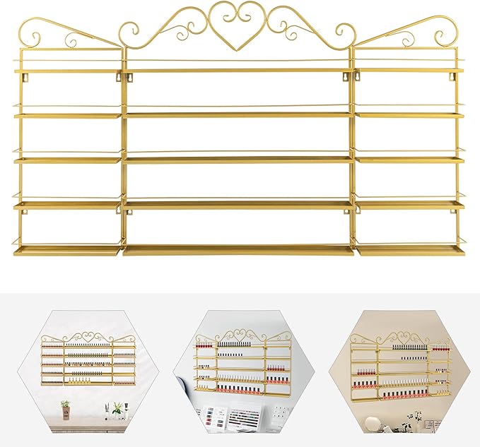 Metal Wall-Mounted Nail Polish Storage Racks,5 Tiers Triangular Nail Polish Organizer Wall,Cosmetic Display Perfume Holder Lipstick Wall Shelf for Nail Salon Shop Home (Gold,3PCS)