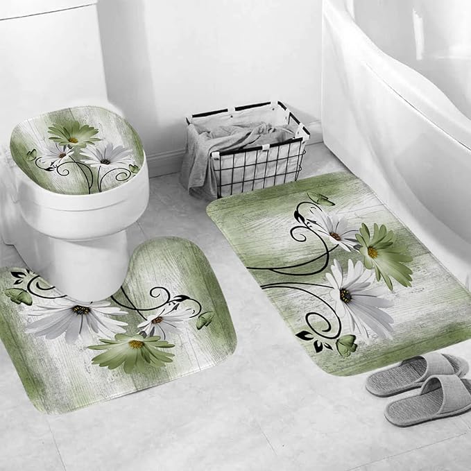 Onalasyc 4PCS Grass Green Daisy Flowers Butterfly Shower Curtain Set with Shower Curtain and Carpet and Accessories, Waterproof Bathroom Shower Curtain Decorative Set with 12 pcs Hooks,71 x 71in