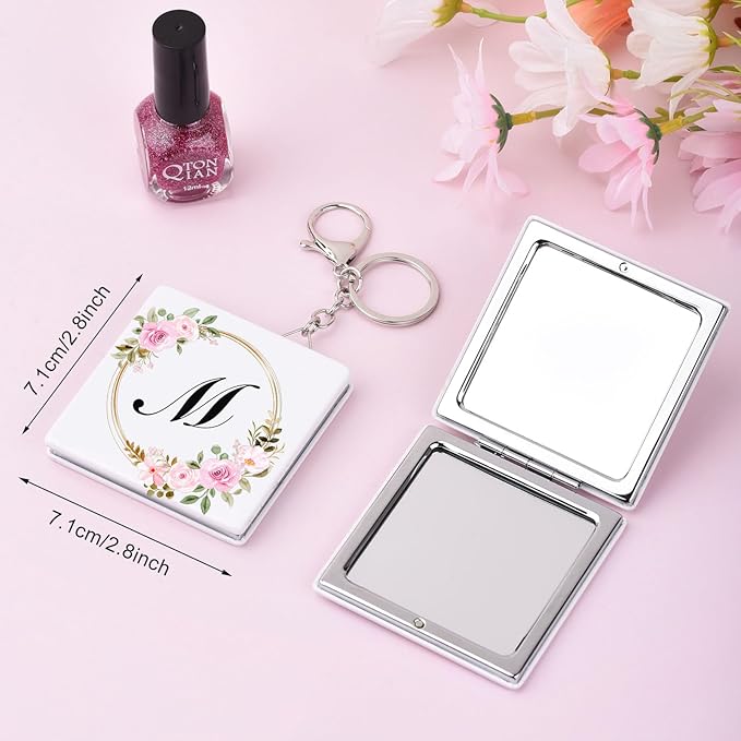 BAOSIWA Stocking Stuffers for Teen Girls Grandkids, Gifts for 5 6 7 8 9 10 11 12 13 Year Old Girl, Personalized Compact Mirror Initial Small Travel Makeup Mirror with Keychain (M)