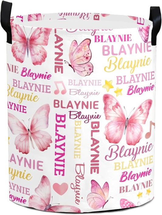 Large Custom Name Laundry Hamper, Butterfly Personalized Dirty Clothes Hamper Storage Basket with Name for Bathroom Bedrooms, Customized Name Circular Hamper with Handles for Baby Boys Girls Men Women