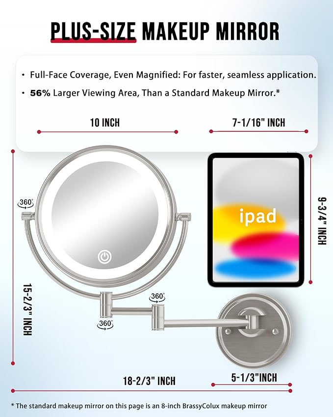 10" Large Wall Mounted Magnifying Mirror with Light, Hard Wired 1X/5X Double-Sided LED 3 Color Lighting Touch Dimmable Extended Arm 360 Rotation Vanity Mirror for Bathroom, Brushed Nickel