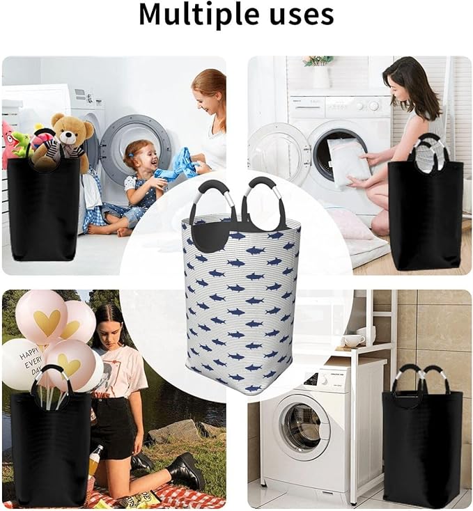 Cute Shark Laundry Basket Ocean Fish Hamper Funny Collapsible Laundry Baskets with Handle Blue Dirty Clothes Hamper Bag for Dorm Family Bathroom Decor Storage 50L