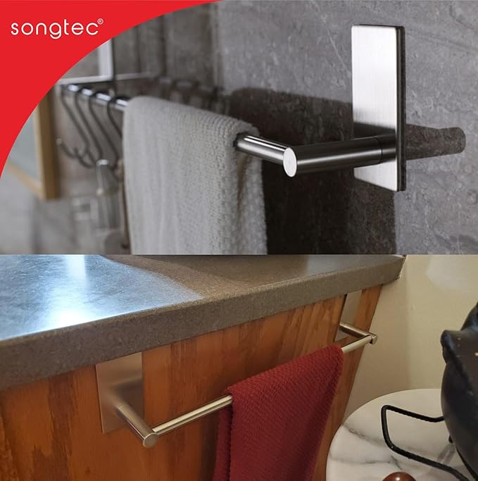 Adhesive Towel Bar 9-inch, Stick On Bath Towel Rack, Hand Towel Holders, No Drilling on Wall - Brushed Nickle