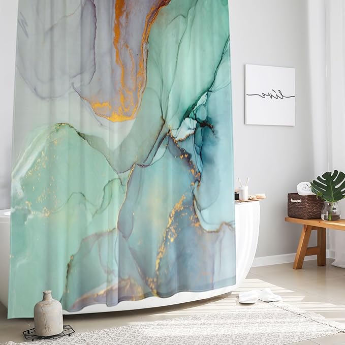 Gibelle Extra Long 72 x 84, Abstract Marble, Blue Green Purple Jade Texture Gold Stripes Ombre Watercolor Ink Art Fabric Curtains for Modern Bathroom Décor