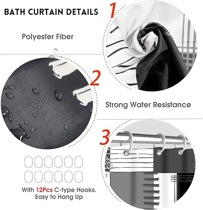 All Smiles Black Shower Curtain Sets with Non-Slip Rugs,Toilet Lid Cover and Bath Mat,White and Gray Bathroom Decor Set Accessories Waterproof Shower Curtains